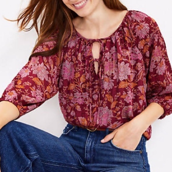 Loft Floral Tie Neck Blouse - Picture 2 of 8